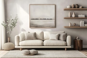 Tranquil Nordic Living Room with Neutral Tones and Modern Art for Serene Ambience