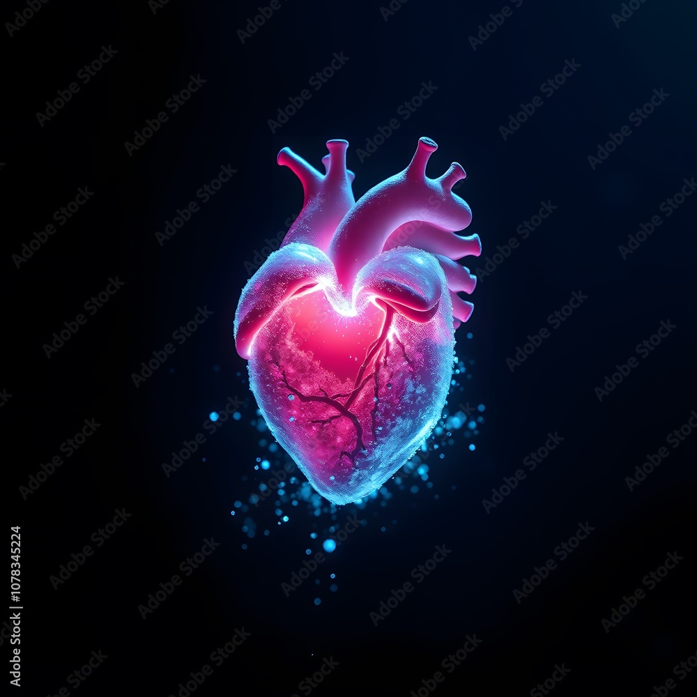 Poster A Vibrant Artistic Representation of a Heart Dissolving and Disappearing into Glowing Particles, Perfect for Visualizing Love or Emotions