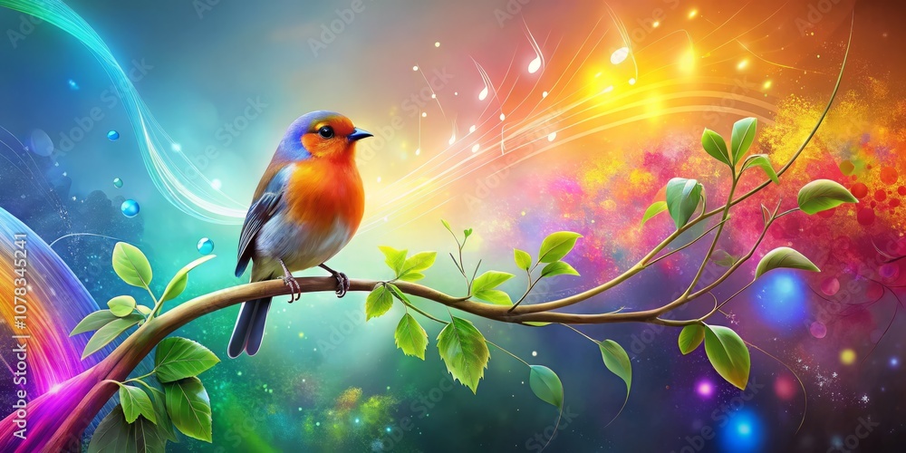 Poster a vibrantly colored bird on a branch surrounded by musical notes and abstract colors creating a live