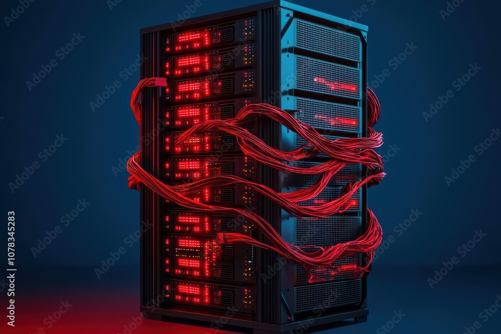 Poster a server rack illuminated in red with tangled cables, showcasing advanced technology in a modern set