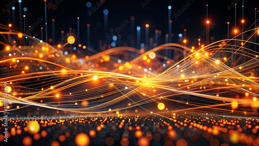 Poster abstract digital data visualization with glowing orange lines and bokeh effect on dark background fo