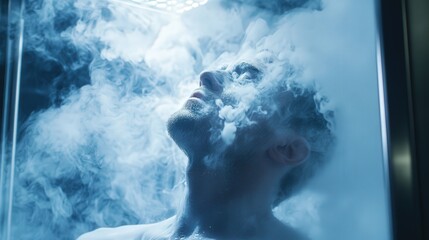 The waste collector stands still, head tilted back, surrounded by dense smoke. The urban alley is dimly lit, enhancing the mysterious atmosphere of the night