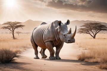 Fototapeta premium Majestic rhinoceros walking through the savanna with dramatic lighting and distant mountains