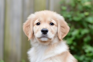 A fluffy golden retriever puppy looks directly at the camera with a curious expression.