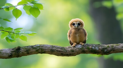A fluffy brown owl chick perched on a branch in a lush green forest.