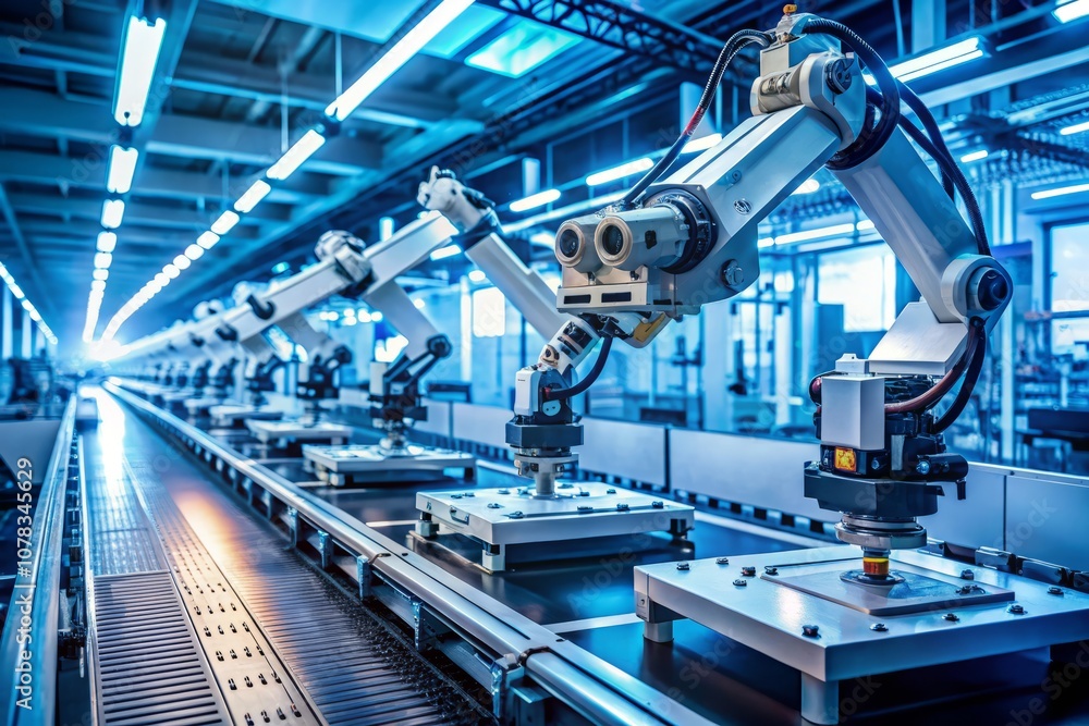 Poster advanced high precision robot arms operating in a bright electronics factory's automated pcb assembl