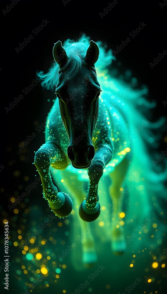 Poster A Vigorously Active Horse with Glowing Particle Effects Illustrating Dynamic Movement and Energy in a Mesmerizing Display