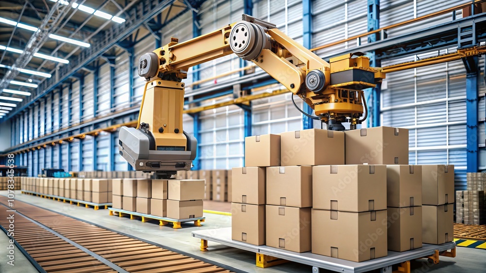 Poster advanced robot arm in action: efficiently handling cartons from a pallet in a modern warehouse envir