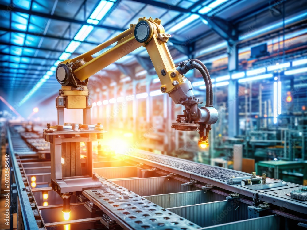 Poster advanced high precision robot arm in a bright electronics factory, showcasing fully automated pcb as