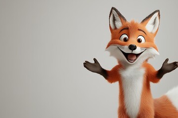 Obraz premium A friendly cartoon fox smiles and gestures with its paws in front of a plain background.