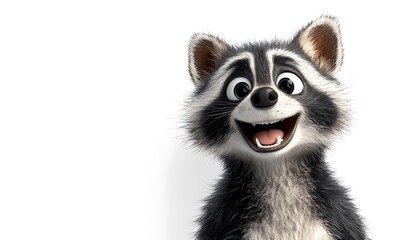 Fototapeta premium A friendly cartoon raccoon with a big smile, isolated on a white background.