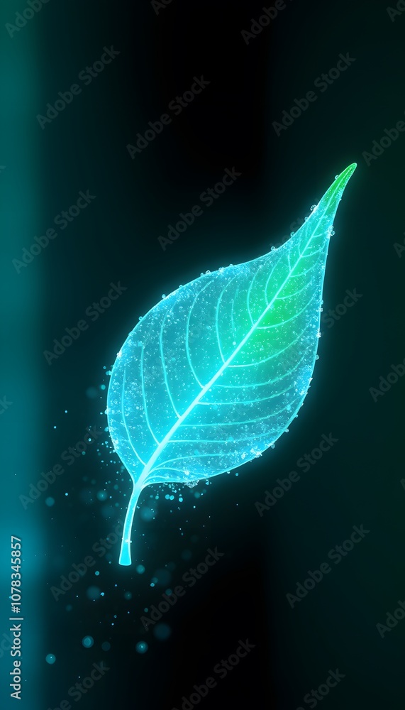 Poster A Vigorously Green Leaf Dissolving into Beautiful Glowing Particles for Creative Visuals and Design Projects