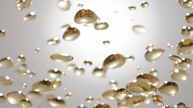 Golden oil or collagen droplets float in liquid. Omega fatty acids or retinol bubbles. Concept luxury skincare cosmetics, anti-aging treatments and moisturizing beauty products. Premium cosmetic