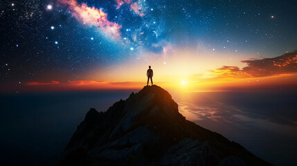 Fototapeta premium A watercolor illustration of the night sky, filled with stars, nebulae, and galaxies, featuring a man gazing into the cosmos, evoking wonder and exploration. Ideal for space-themed backgrounds