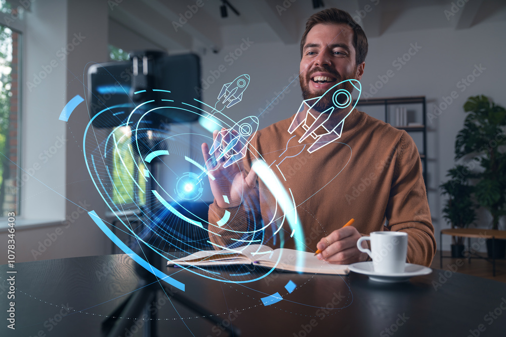 Poster man interacting with futuristic holographic rocket interface in modern office setting.
