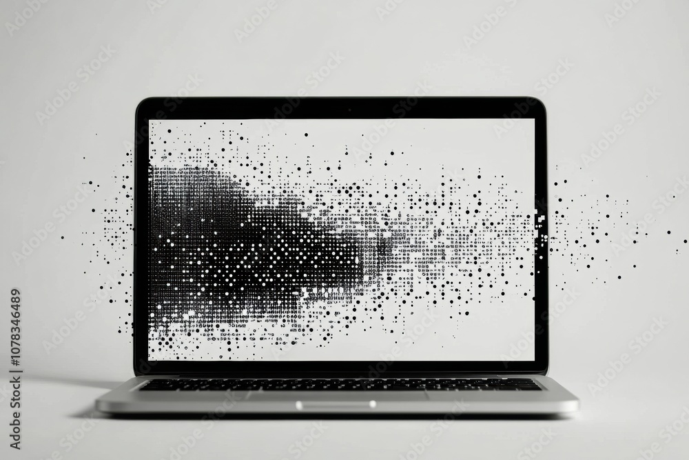 Poster a sleek laptop displays a unique pixel pattern, representing digital creativity and modern technolog