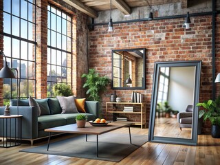 Black Frame Poster Mockup in an Industrial Vintage Loft Apartment with Tilt-Shift Photography Effect for Creative Design and Marketing Use in Interior Decor