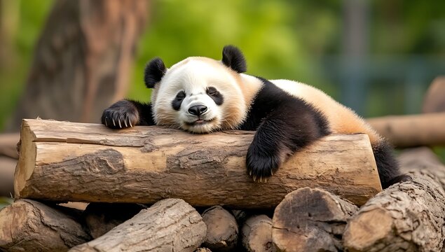 A giant panda rests its head on a log, looking directly at the camera with a relaxed and content expression.