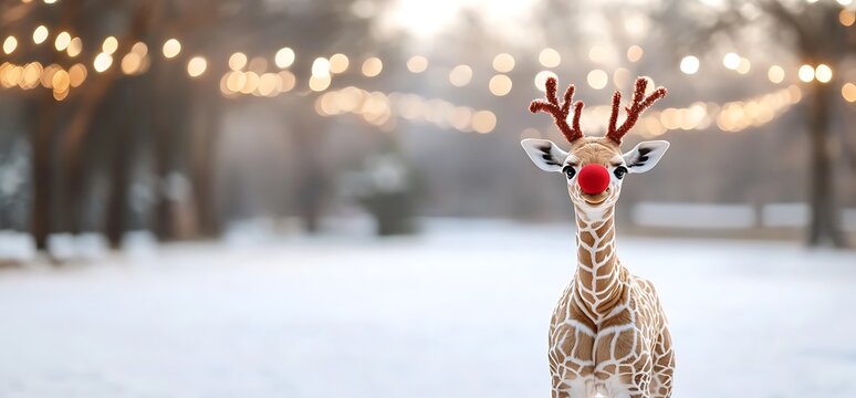 A giraffe wearing a Santa hat and reindeer antlers stands in a snowy forest with bokeh lights.
