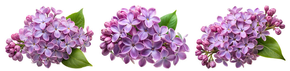 Collection of vibrant lilac flower clusters (Lilac, Wisteria, Hydrangea, Phlox, Lavender, Rhododendron). PNG, isolated on transparent background with clipping path cutout.