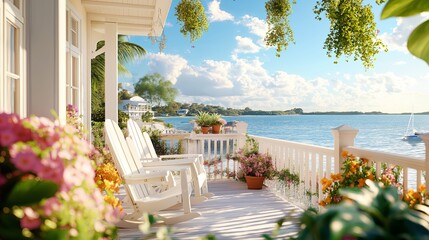 Sun-Kissed Veranda with White Adirondack Chairs and Ocean View