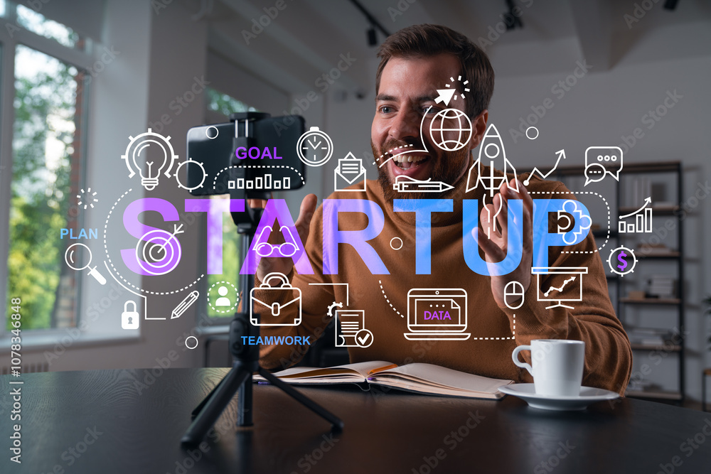 Aufkleber man doing video call with startup graphic elements in modern workspace.