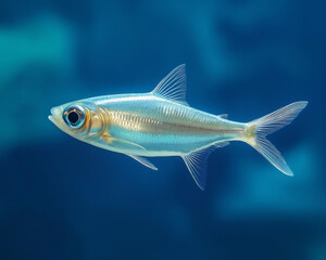 Naklejka premium Aquatic Speed: A Quick Silver Fish Swimming Swiftly in a Deep Blue Ocean