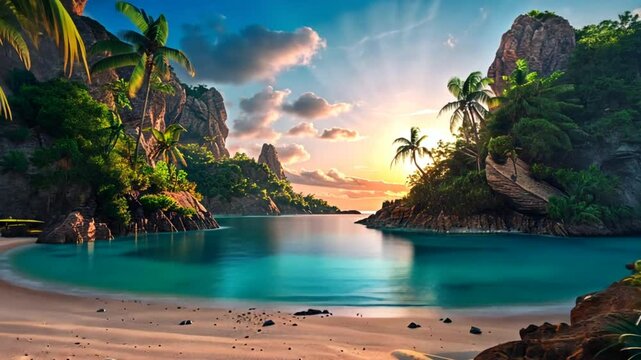 A breathtaking view of a calm tropical bay at sunrise, with golden light illuminating the tranquil water and lush green cliffs surrounding the beach