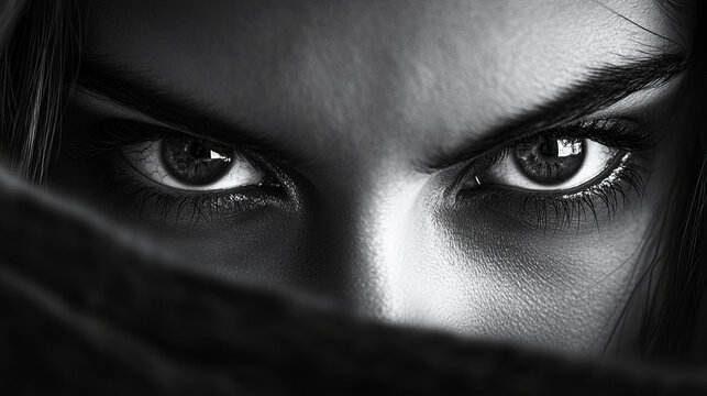 Close-up of a pair of eyes under a dark brow, cold and unfeeling, signaling a calculating mind.