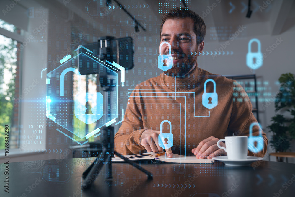 Poster man working with cybersecurity interface holograms in office environment.