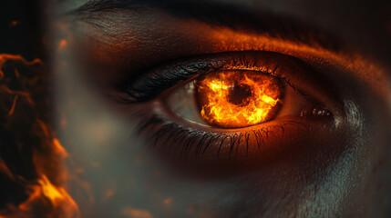 Close-up of eyes reflecting fire or a menacing scene, symbolizing destructive intentions.