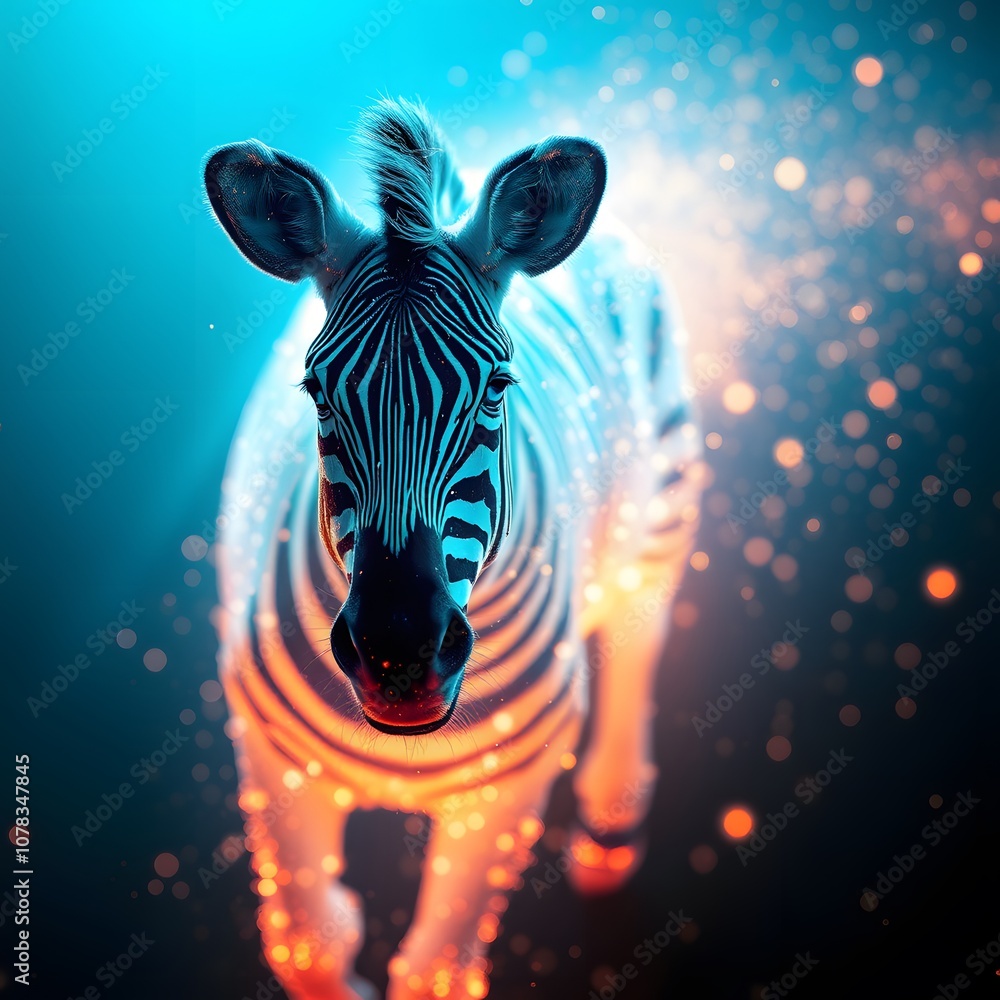 Aufkleber A captivating display of a vigorous zebra dissolving into particles with glowing effects, perfect for illustrating transformation and creativity in digital art projects.
