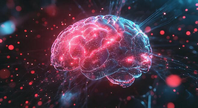 A digital brain made of bright neon pink and blue circuitry, surrounded by an array of tiny red lights that represent data flowing through a neural network. A futuristic highlights the technology.