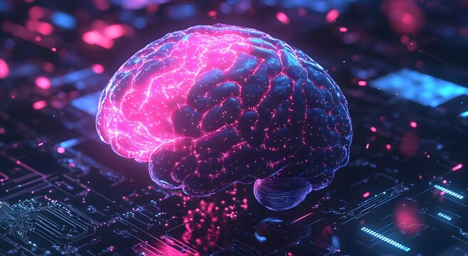 A digital brain made of bright neon pink and blue circuitry, surrounded by an array of tiny red lights that represent data flowing through a neural network. A futuristic highlights the technology.