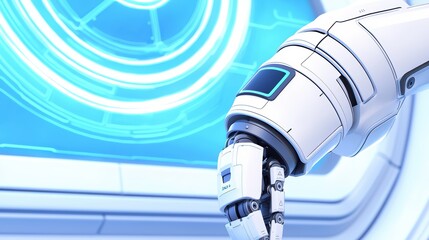 Close-up of a robotic hand against a futuristic blue background, showcasing advanced technology and design.