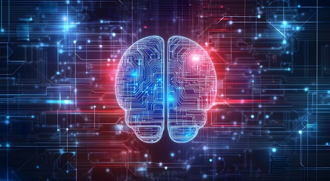 A digital brain made of bright neon pink and blue circuitry, surrounded by an array of tiny red lights that represent data flowing through a neural network. A futuristic highlights the technology.