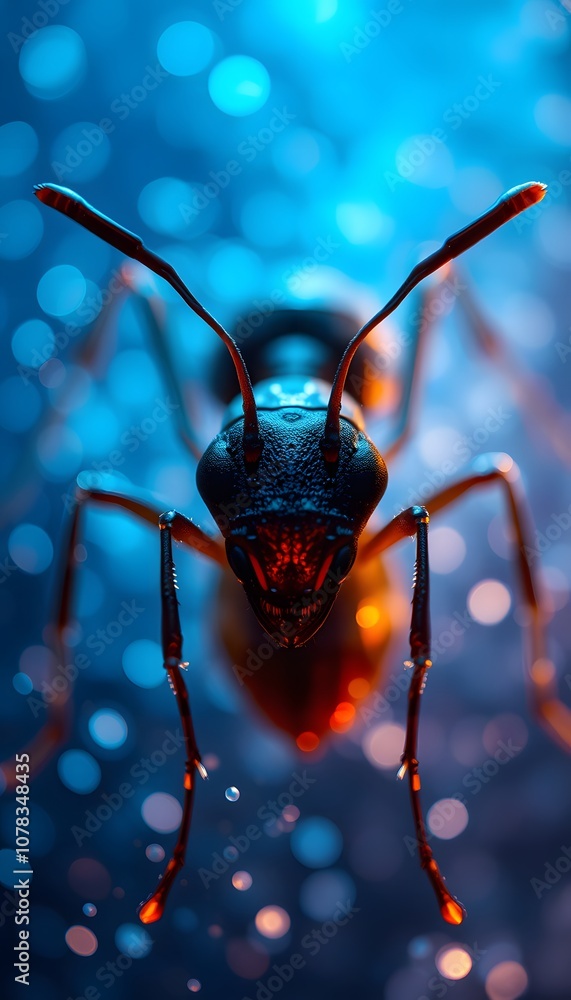 Poster a vigorous ant dissolving and disappearing in particles with glowing effects - an artistic represent