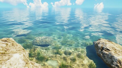 Fototapeta premium A serene view of clear water and rocky shoreline under a bright sky.