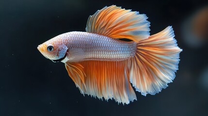 A vibrant Siamese fighting fish with an orange and white tail fin, showcasing its beautiful colors against a dark background.