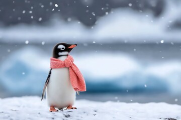 Fototapeta premium A penguin in a pink scarf stands on snow with a blurred background of icebergs.