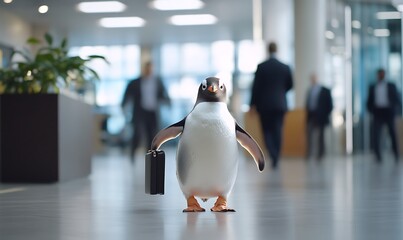 A penguin in a suit walks through a modern office carrying a briefcase, while other business professionals walk in the background.