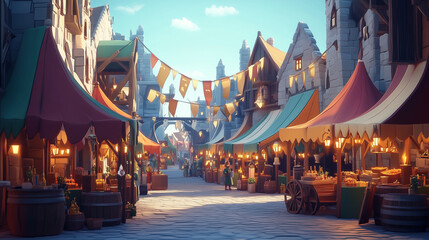 Medieval Marketplace At Dawn With Colorful Stalls And Stone Buildings