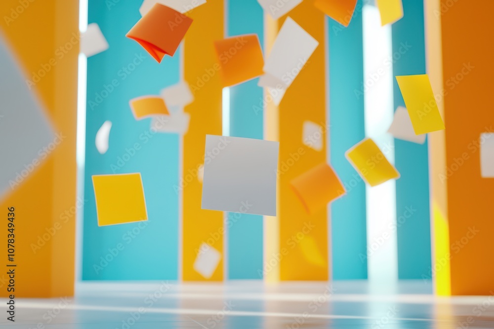 Poster colorful floating papers in a modern space, creating a dynamic and creative ambiance.