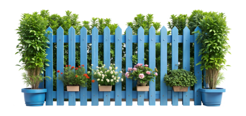 Collection of potted plants and flowers arranged in front of a blue picket fence (Petunia, Marigold, Rose, Lavender, Boxwood, Ornamental Grass). PNG, isolated on transparent background with clipping p
