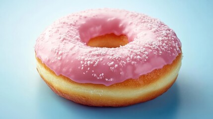 Close-up of a pink frosted donut with white sprinkles on a blue background.