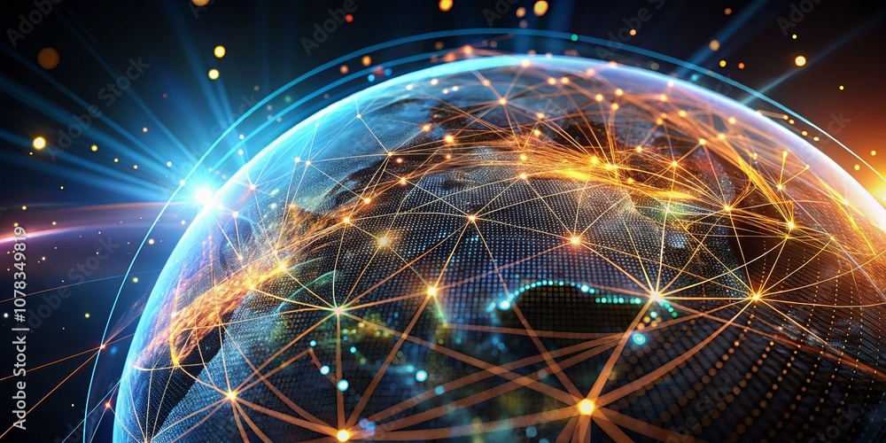 Poster glowing globe with dots and lines on dark background representing global data transfer and digital c