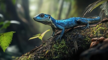 Obraz premium A vibrant blue lizard perches on a mossy log, its bright eyes staring intently into the distance.