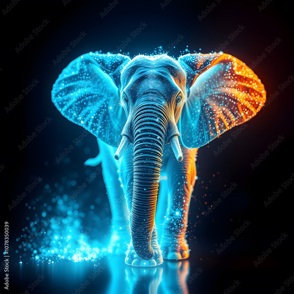 Poster a vivid illustration of a powerful elephant dissolving into radiant particles for creative and artis