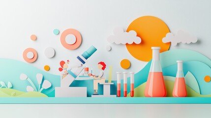 Colorful paper cut illustration of scientists working with a microscope and lab equipment.