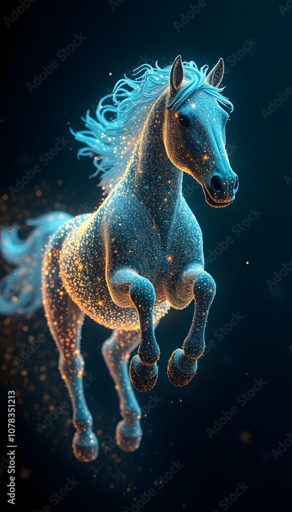 Poster a vigorously running horse dissolving into particles with glowing effects for artistic and creative 